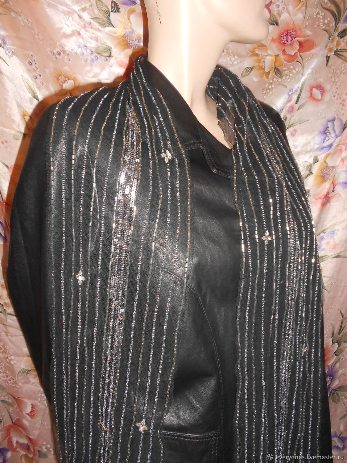 Элегантное повседневное ожерелье-шарф из натуральной кожи с отделкой бисером