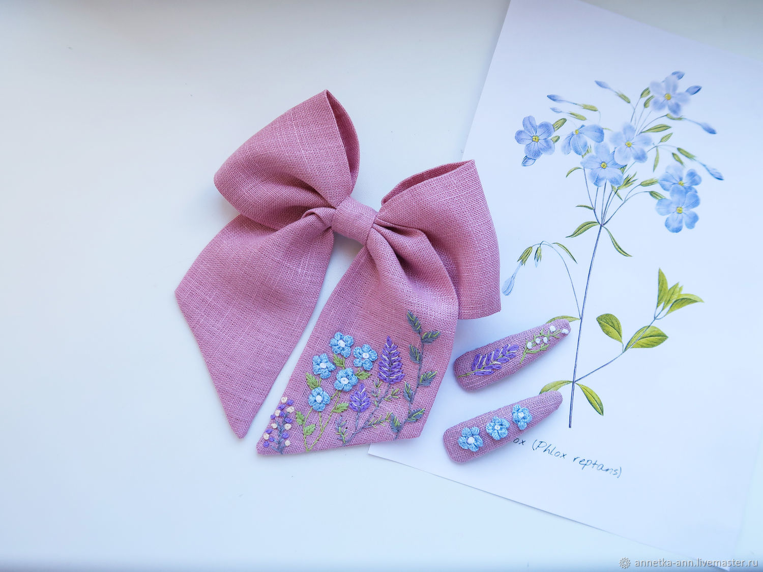 Bow Hairpin Linen - embroidery Forget-me-nots, Hairpins, Fryazino,  Фото №1