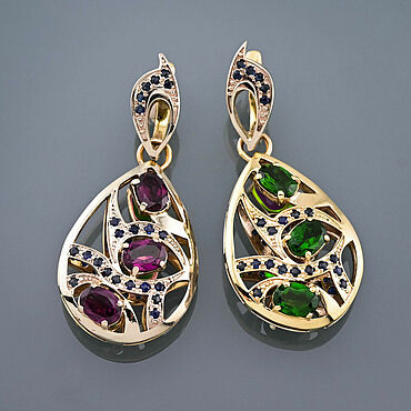 Винтаж ручной работы. Ярмарка Мастеров - ручная работа Винтаж: Серьги-перевертыши золото 585 проба драгоценные камни [j35367]. Handmade.