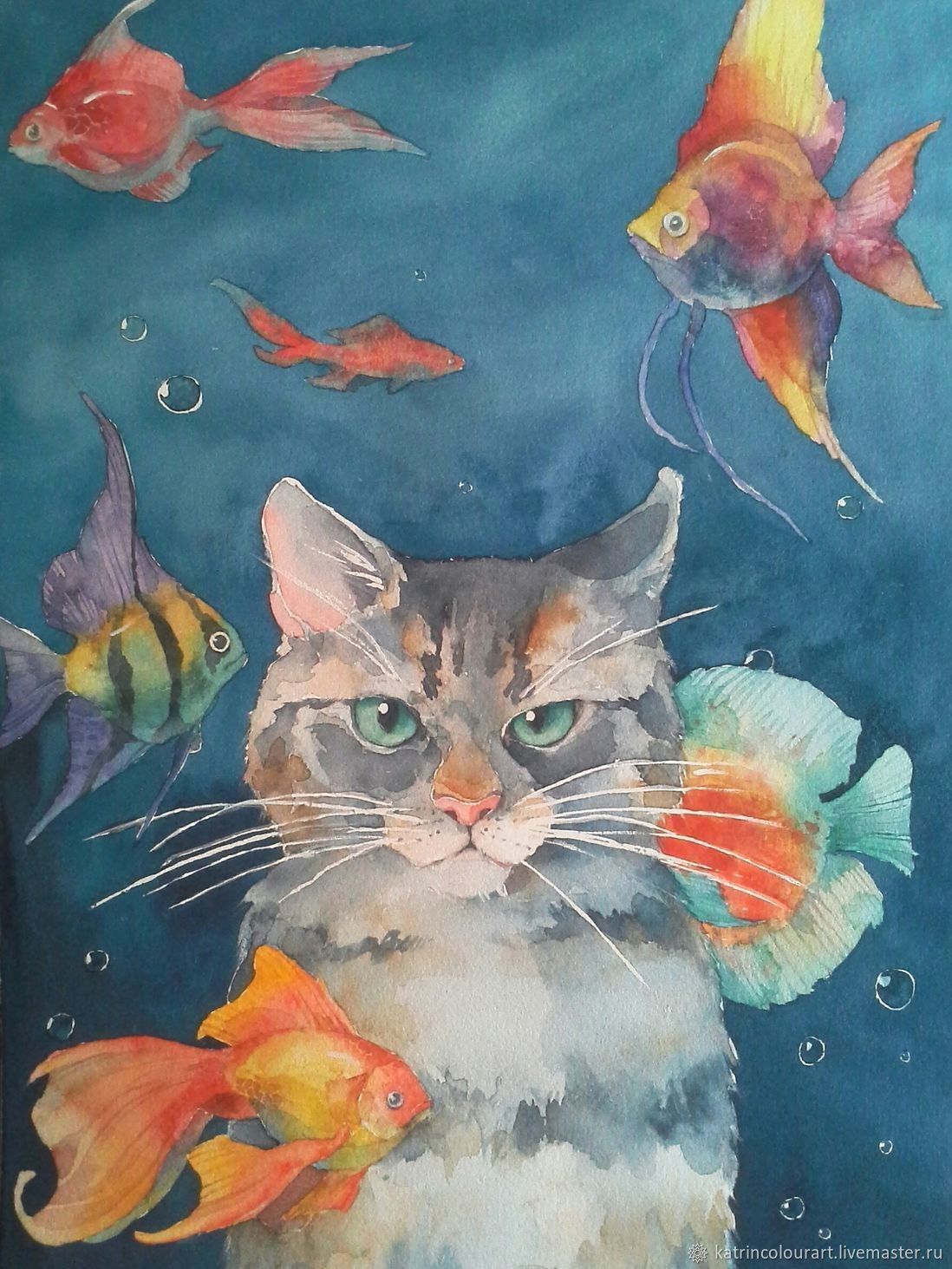 Кот с рыбой акварелью