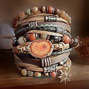 Украшения handmade. Livemaster - original item Wide leather bracelet with stones in the Boho style 