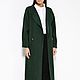пальто-халат демисезонное женское на весну, на осень, без подкладки темно зеленое необычное, на двух пуговицах