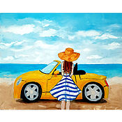 Картины и панно handmade. Livemaster - original item Oil Painting Girl by the Sea Seascape Yellow Car. Handmade.