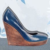 Винтаж handmade. Livemaster - original item 40 size! Blue Genuine Leather Wedge Shoes. Handmade.