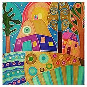 Картины и панно handmade. Livemaster - original item A house in the village,painting on fabric,43h43 cm,cold batik. Handmade.