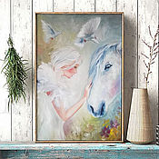 Картины и панно handmade. Livemaster - original item Magic, painting with a horse, portrait of a girl, white doves. Handmade.