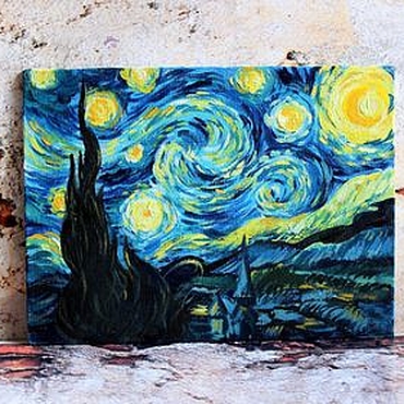 Картина маслом мини "Звездная ночь" Ван Гог вольная копия. . Картины и панно ручной работы - Ярмарка Мастеров Картины и панно ручной работы. Ярмарка Мастеров - ручная работа Картина маслом мини "Звездная ночь" Ван Гог вольная копия. Handmade.