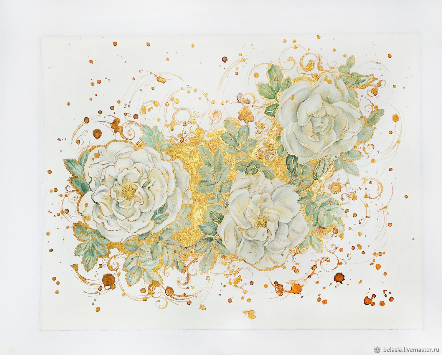 White rose hips in gold, white roses in gold, watercolour to buy, Pictures, Moscow,  Фото №1