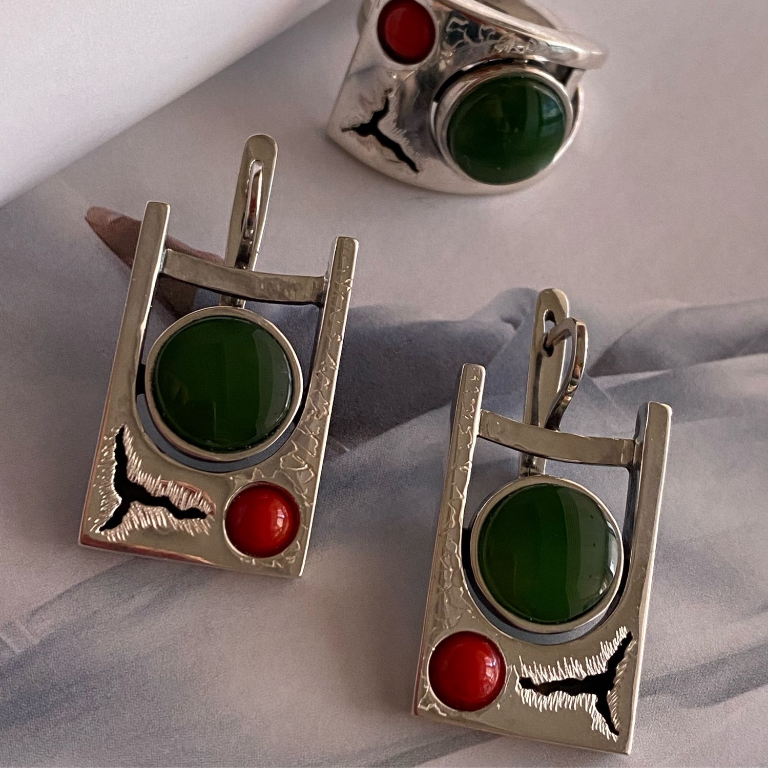 Viva.  Earrings and ring with jade in silver, Jewelry Sets, Moscow,  Фото №1