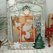 Картины и панно handmade. Livemaster - original item New Year`s panel Santa Claus outside the window decoupage. Handmade.