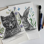 Картины и панно handmade. Livemaster - original item Cute bunny and a fox cub, illustration in the nursery 2 pcs.. Handmade.