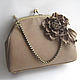 Brown Leather Women's Handbag with Clasp TAUPE Beige Rose Brooch, Clasp Bag, Rostov-on-Don,  Фото №1