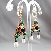 Украшения handmade. Livemaster - original item Green earrings with malachite, Byzantine triangular earrings with pearls. Handmade.