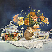 Картины и панно ручной работы. Ярмарка Мастеров - ручная работа "Flower tea" classical still life in a realism-style. Handmade.