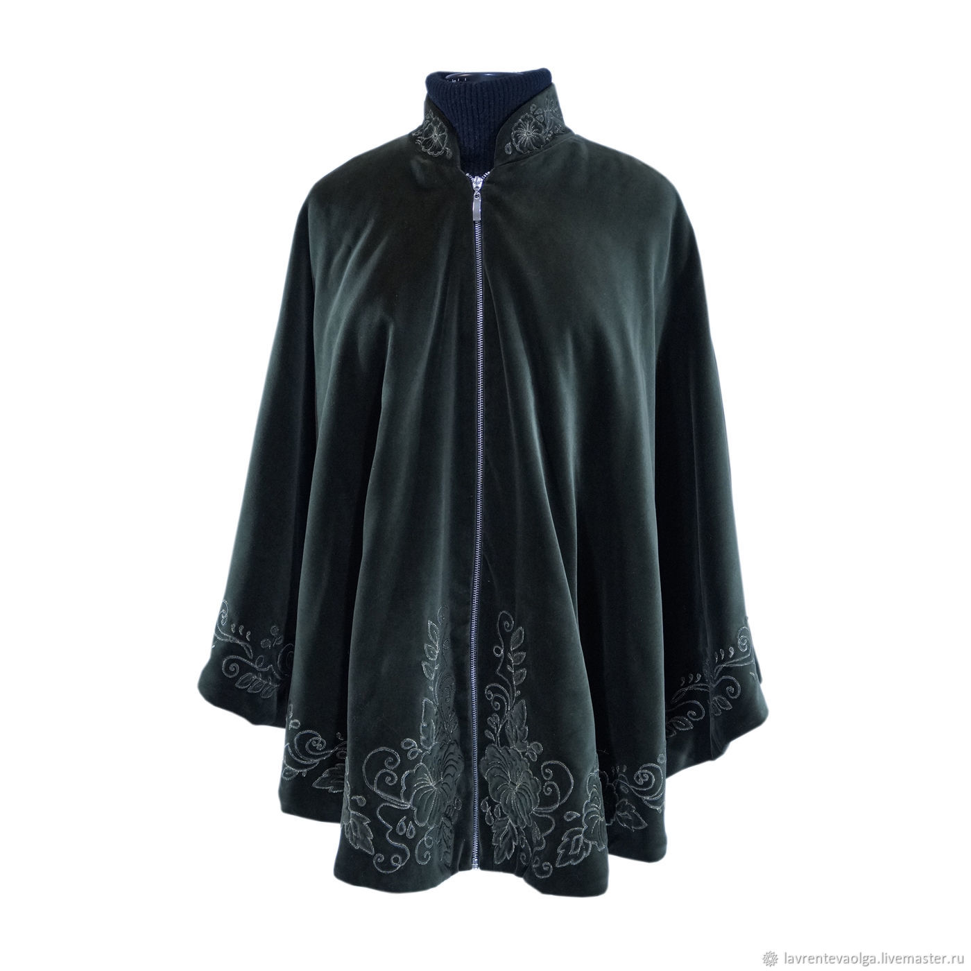 Velvet coat poncho with author embroidery dark green color, Coats, Moscow,  Фото №1