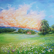 Картины и панно handmade. Livemaster - original item Painting summer in the village Dawn in a field with daisies. Handmade.