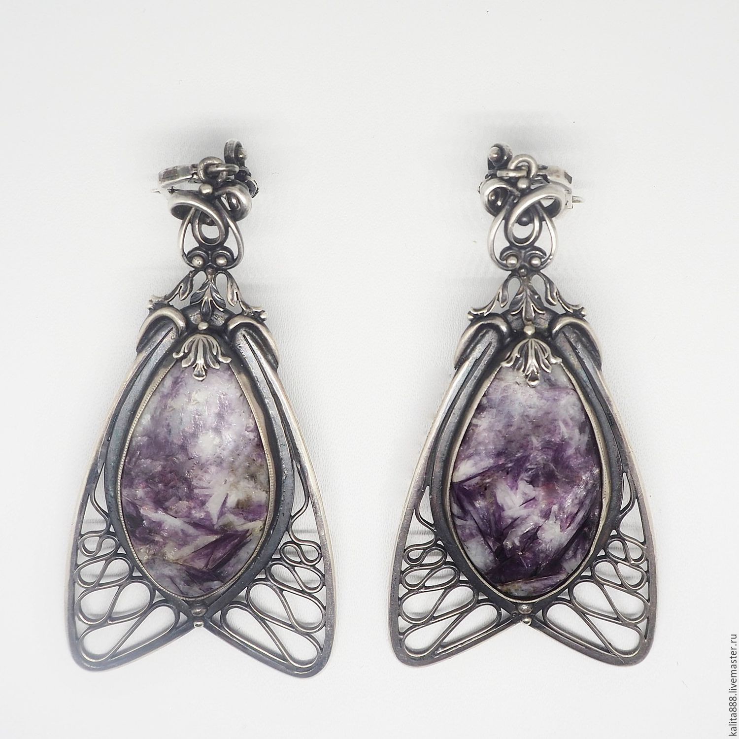 Silver earrings with charoite in art-nouveau style, Earrings, Moscow,  Фото №1