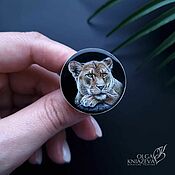 Pendant "Lioness" - jewelry paintingin silver frame