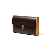 Double REEL cream leather clutch. Women's clutch with wood