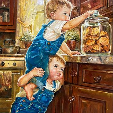 Картины и панно ручной работы. Ярмарка Мастеров - ручная работа Интерьерная картина маслом "Охотники за печеньками". Handmade.