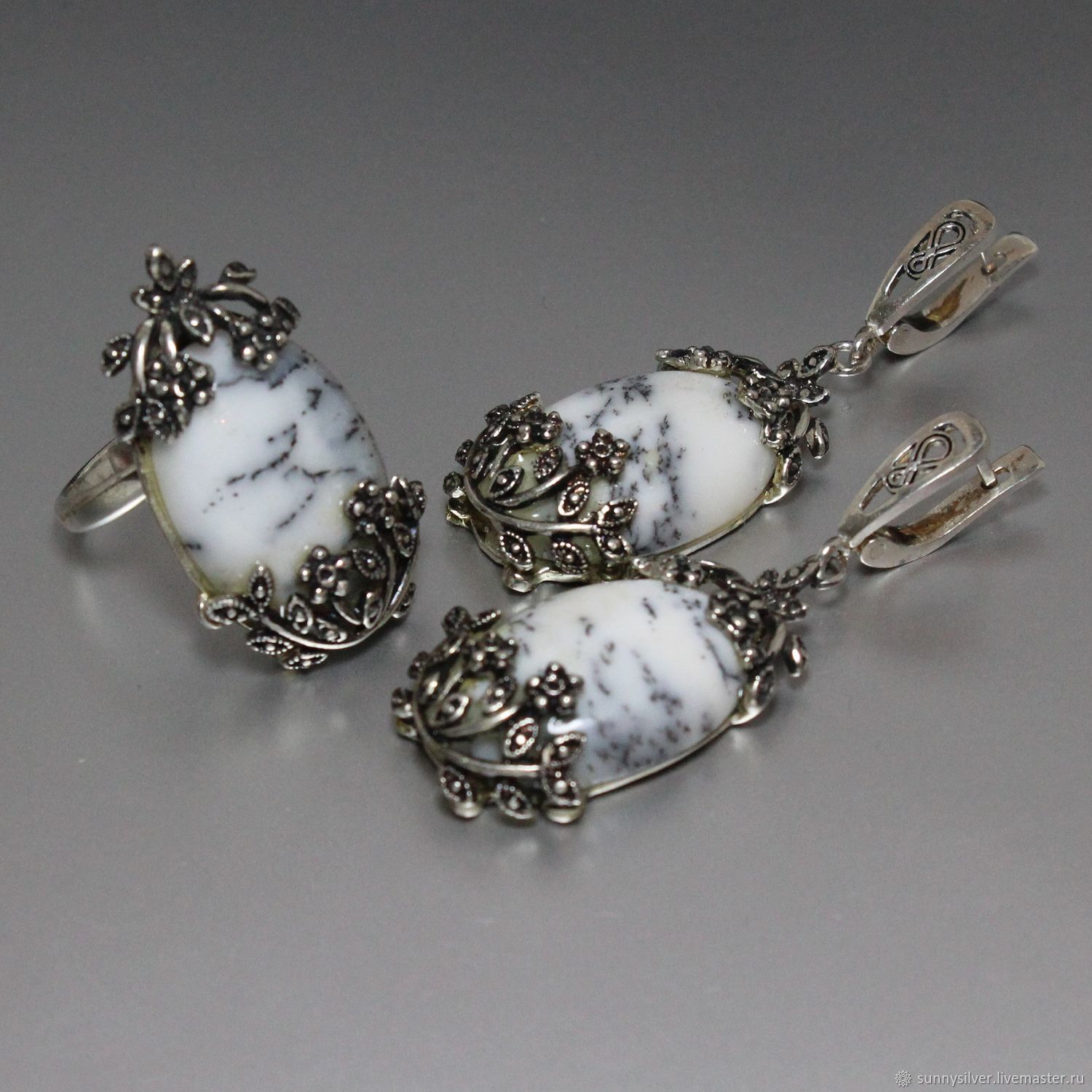 Earrings and ring Glyceria with moss agates made of 925 DD0028 silver, Jewelry Sets, Yerevan,  Фото №1