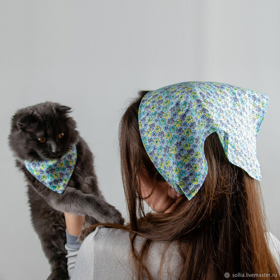 Набор бандан для кота и человека в едином стиле, бирюзовые цветы в ...