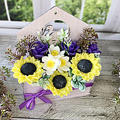 Косметика ручной работы handmade. Livemaster - original item Soap bouquet in a wooden pot Sunflowers, daffodils and freesias. Handmade.