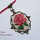 pendant, necklace, pendant with rose, embroidery rose, embroidery jewelry, jewelry with a rose, big rose