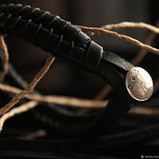 Браслет кожаный черный лаконичный плетеный ручной работы серебряный