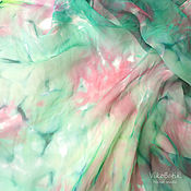 Батик шелковый платок «Маки» Голубой розовый Авторская роспись