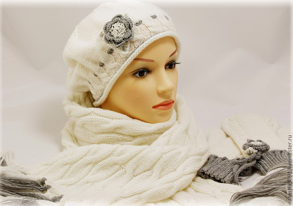 Берет на платок. Комплект берет и шарф спицами. Берет Снежная Королева. Зимние берет и шарф.
