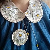 Аксессуары handmade. Livemaster - original item Collars: Linen collar and brooch with hand-painted Chamomile. Handmade.