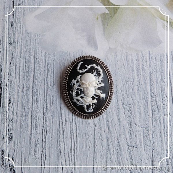 Brooch with cameo Skull large background black under silver 30h40, Subculture decorations, Smolensk,  Фото №1