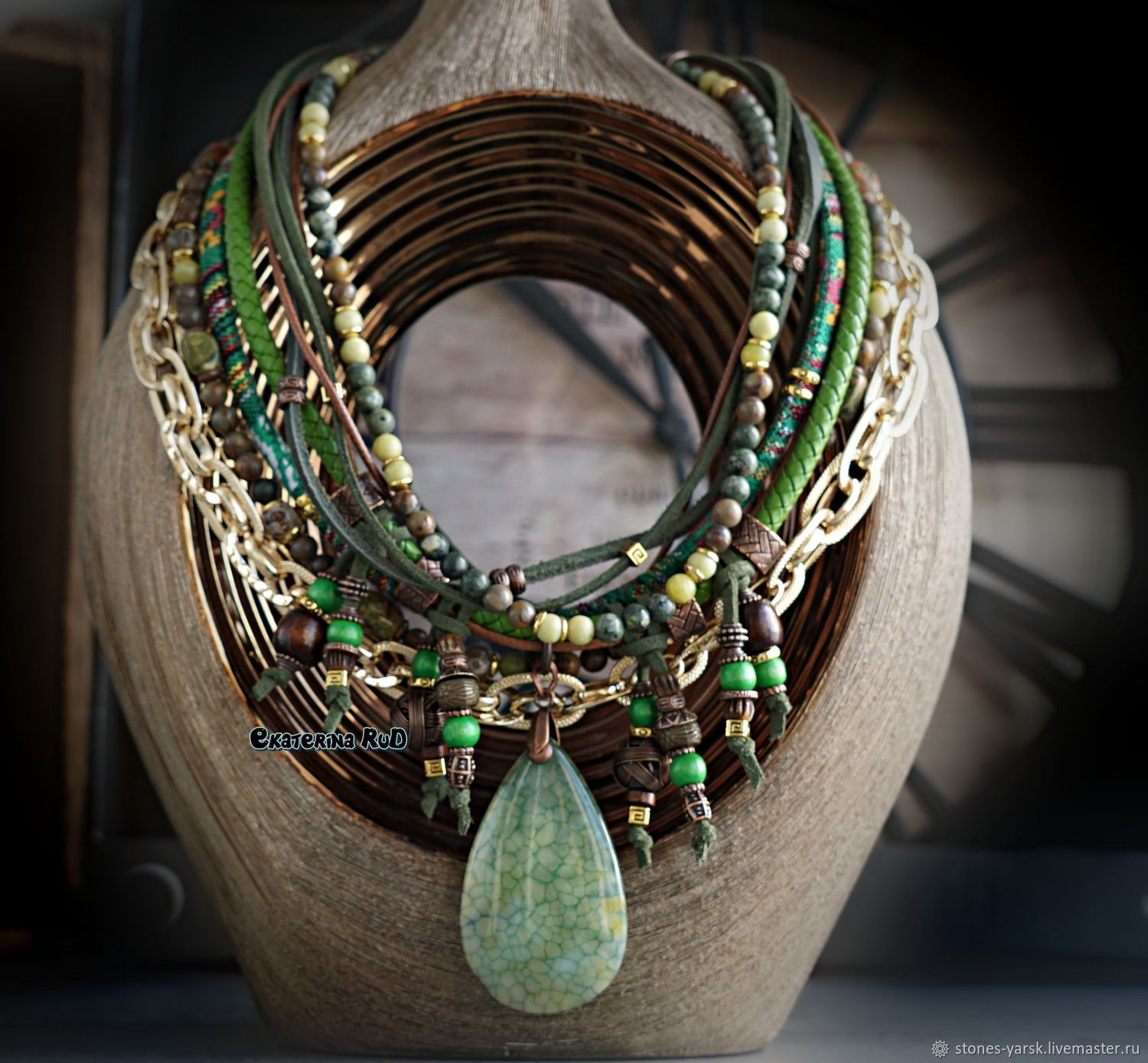 Textile - leather necklace with Boho pendant 'Early greenery', Necklace, Moscow,  Фото №1