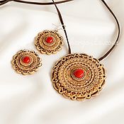 Украшения handmade. Livemaster - original item Set of ornaments made of birch bark with coral. Pendant and earrings. Handmade.