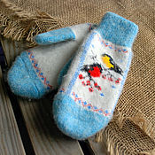 Аксессуары handmade. Livemaster - original item Women`s mittens with bullfinches blue. Handmade.