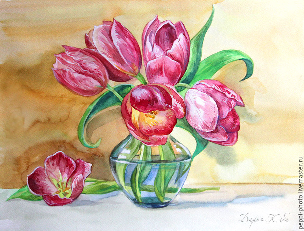 Рисуем весенний букет. Цветы в вазе акварелью. Тюльпаны в вазе акварелью. Натюрморт ваза с цветами. Рисование букет тюльпанов.