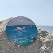 Украшения handmade. Livemaster - original item Brooch Boat in the sea 2. Miniature painting on canvas. Seascape. Handmade.