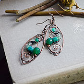 Украшения handmade. Livemaster - original item Copper earrings with green stones Oval earrings leaves with curls. Handmade.