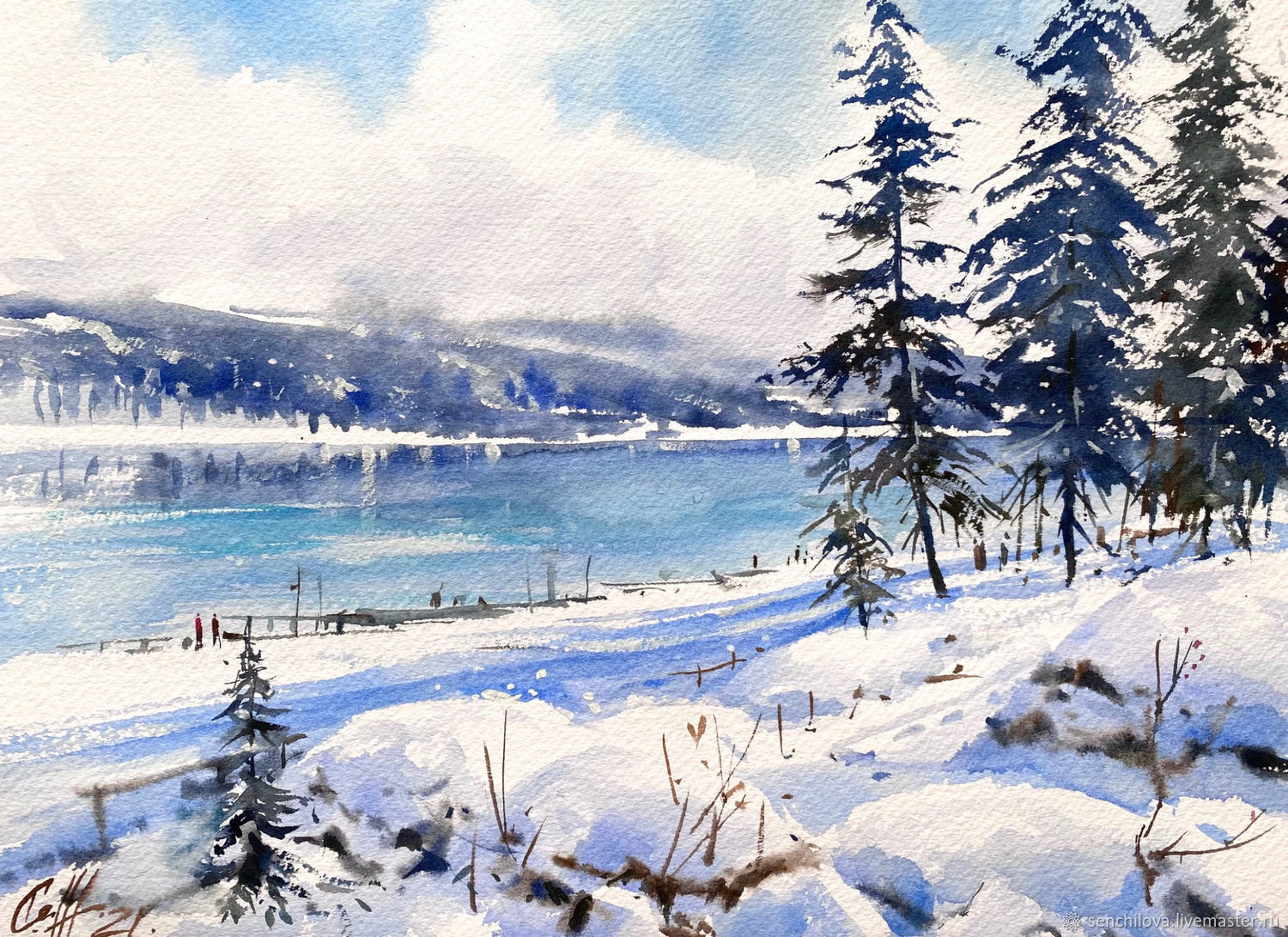 Watercolor painting ' Lake in the mountains ' winter landscape, Pictures, Moscow,  Фото №1