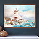 Order Painting sea shore lighthouse landscape watercolor. Yulia Berseneva ColoredCatsArt. Livemaster. . Pictures Фото №3