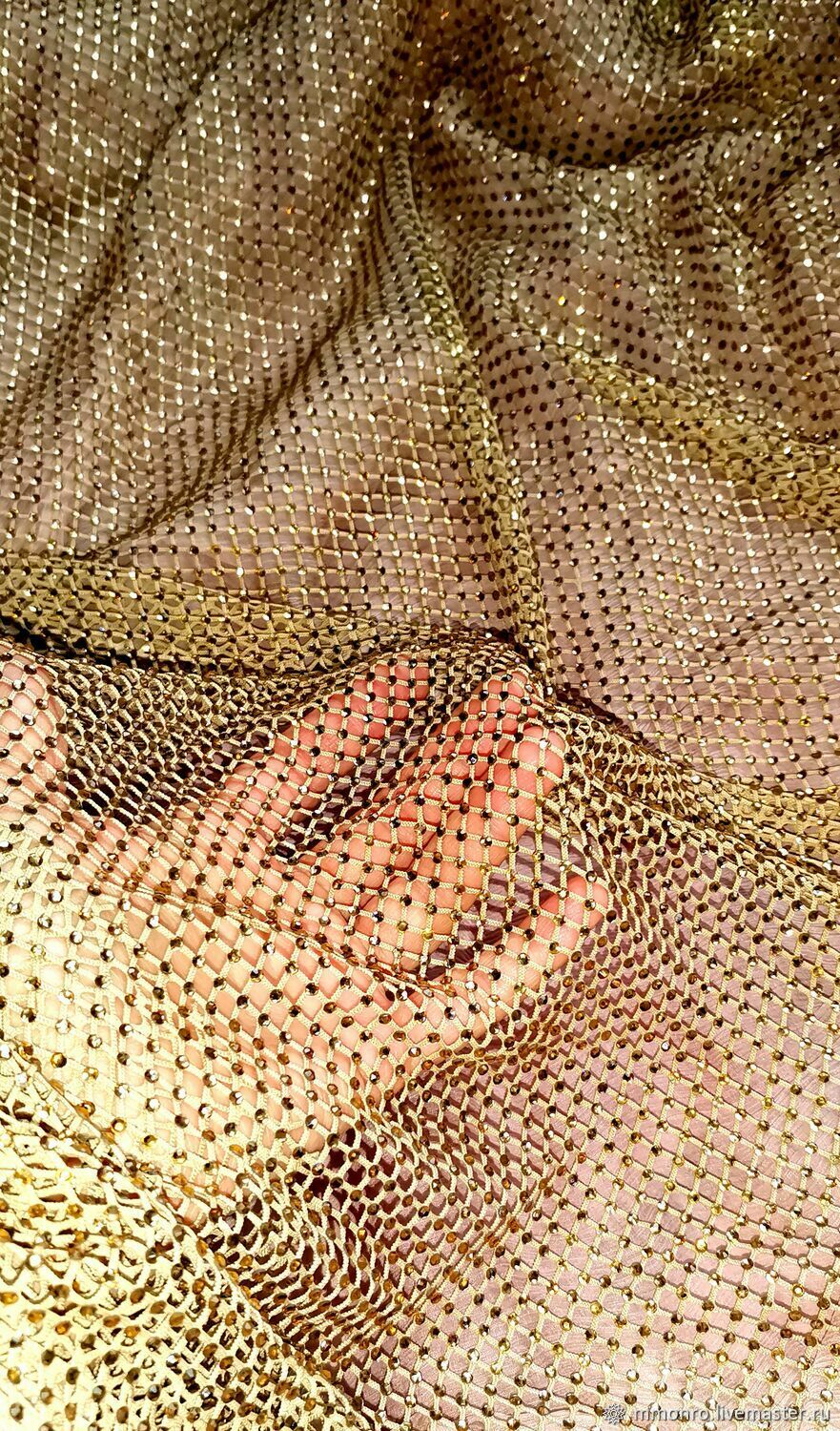 Mesh with crystals. Golden, Fabric, Podolsk,  Фото №1