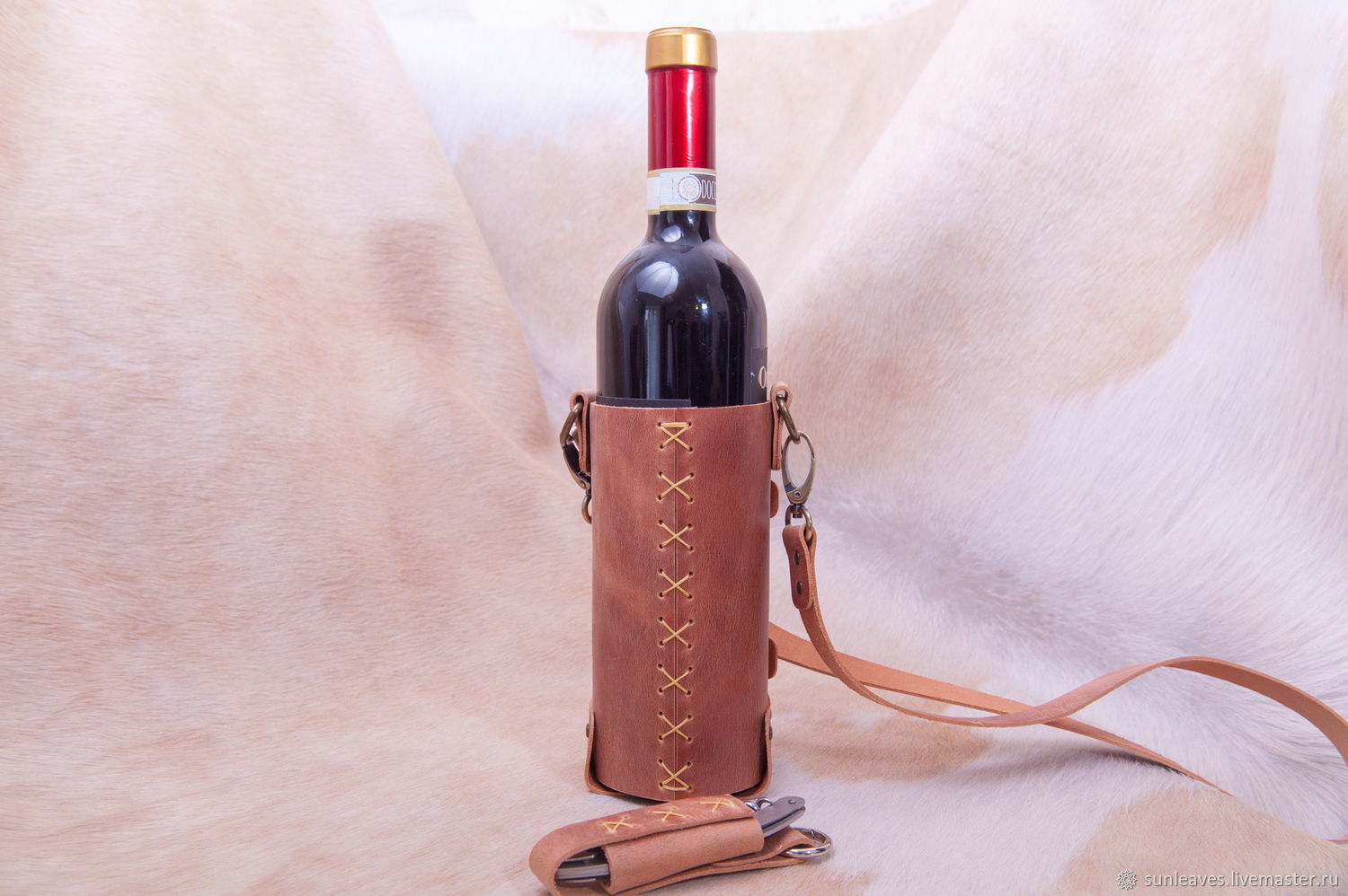 Holder, case for wine bottle handmade from genuine leather, Case, St. Petersburg,  Фото №1
