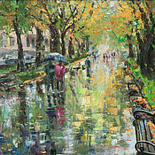 Картины и панно handmade. Livemaster - original item Painting in the rain oil Painting Autumn Park Rain in the city. Handmade.