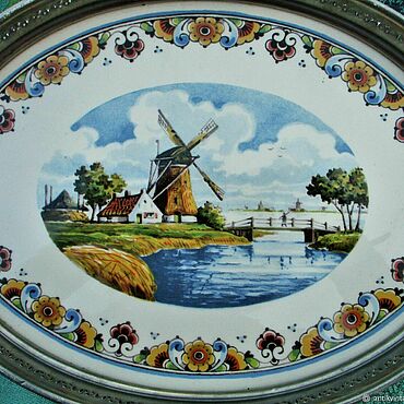 Винтаж ручной работы. Ярмарка Мастеров - ручная работа Винтаж: Старинный поднос Moulin олово фаянс DELF Голландия. Handmade.