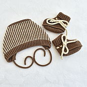 Одежда детская handmade. Livemaster - original item Set of bonnet and booties for newborn. Merino 100%. Handmade.