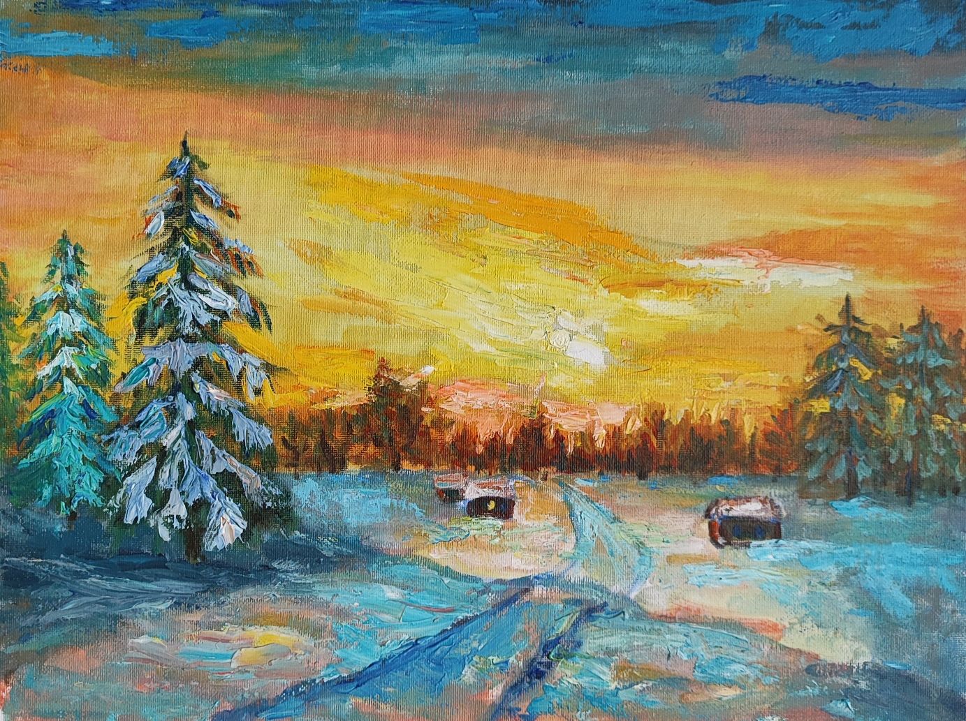 Картина в технике масляной живописи \"Зимний закат\" купить в интернет ...