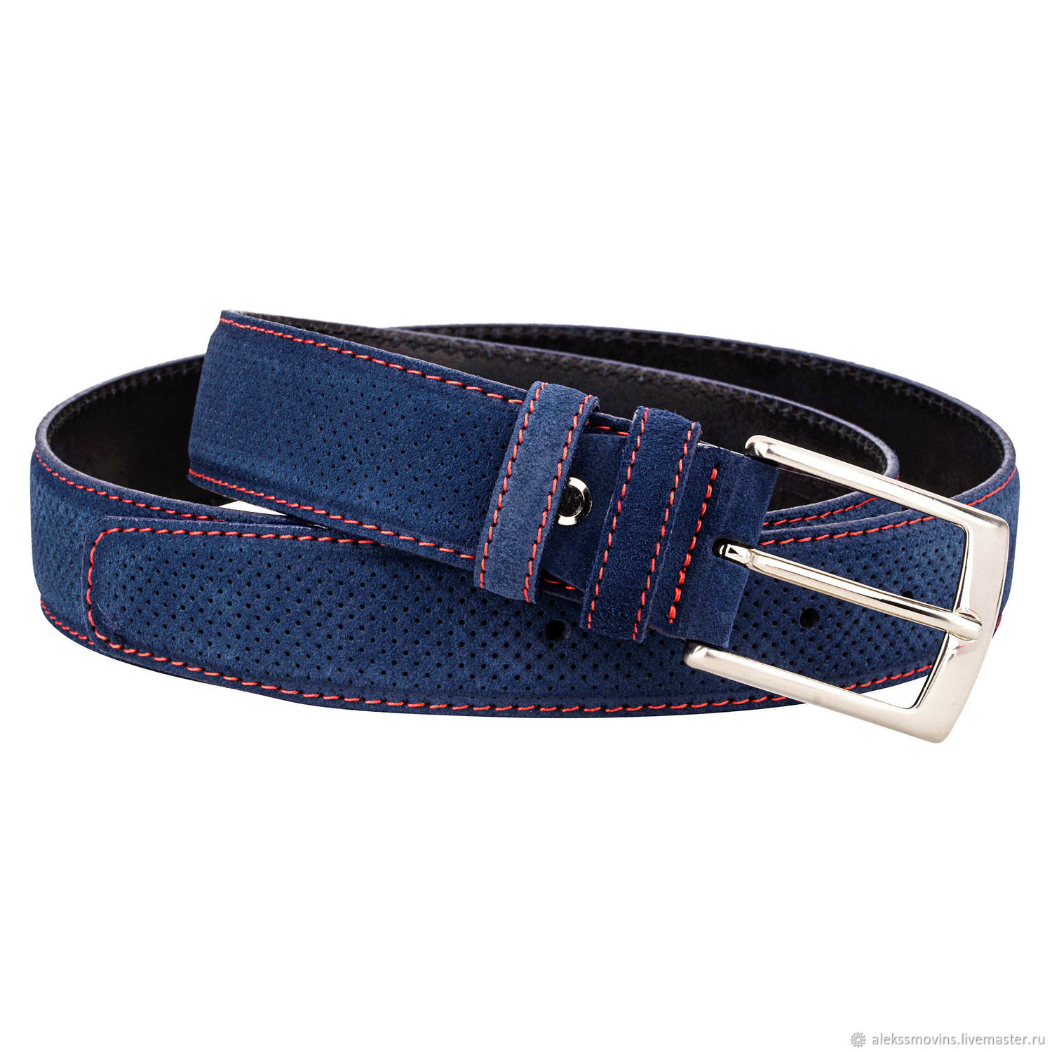 Perforated Blue suede Leather men's belt With red, Straps, Riga,  Фото №1