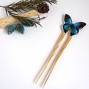 Украшения handmade. Livemaster - original item Wooden Ash Hairpin with Blue and Black Butterfly Resin. Handmade.
