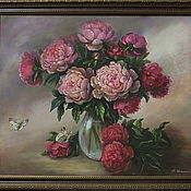 Картины и панно handmade. Livemaster - original item Oil painting of Peonies and butterflies 50h60 in a frame. Handmade.